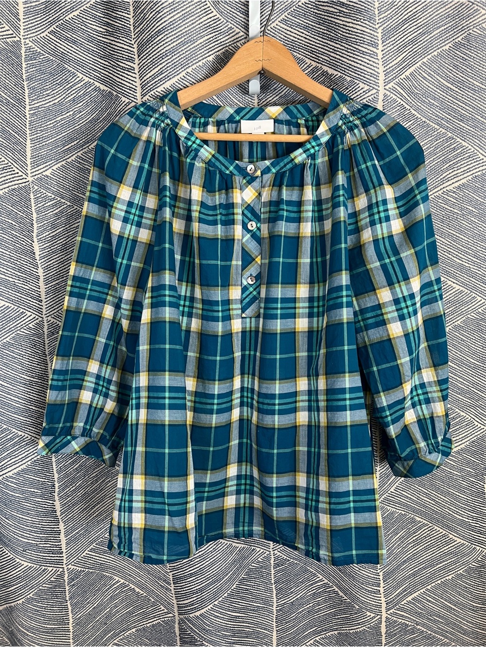 J. Jill Teal Plaid Peasant Blouse with Yellow Accents